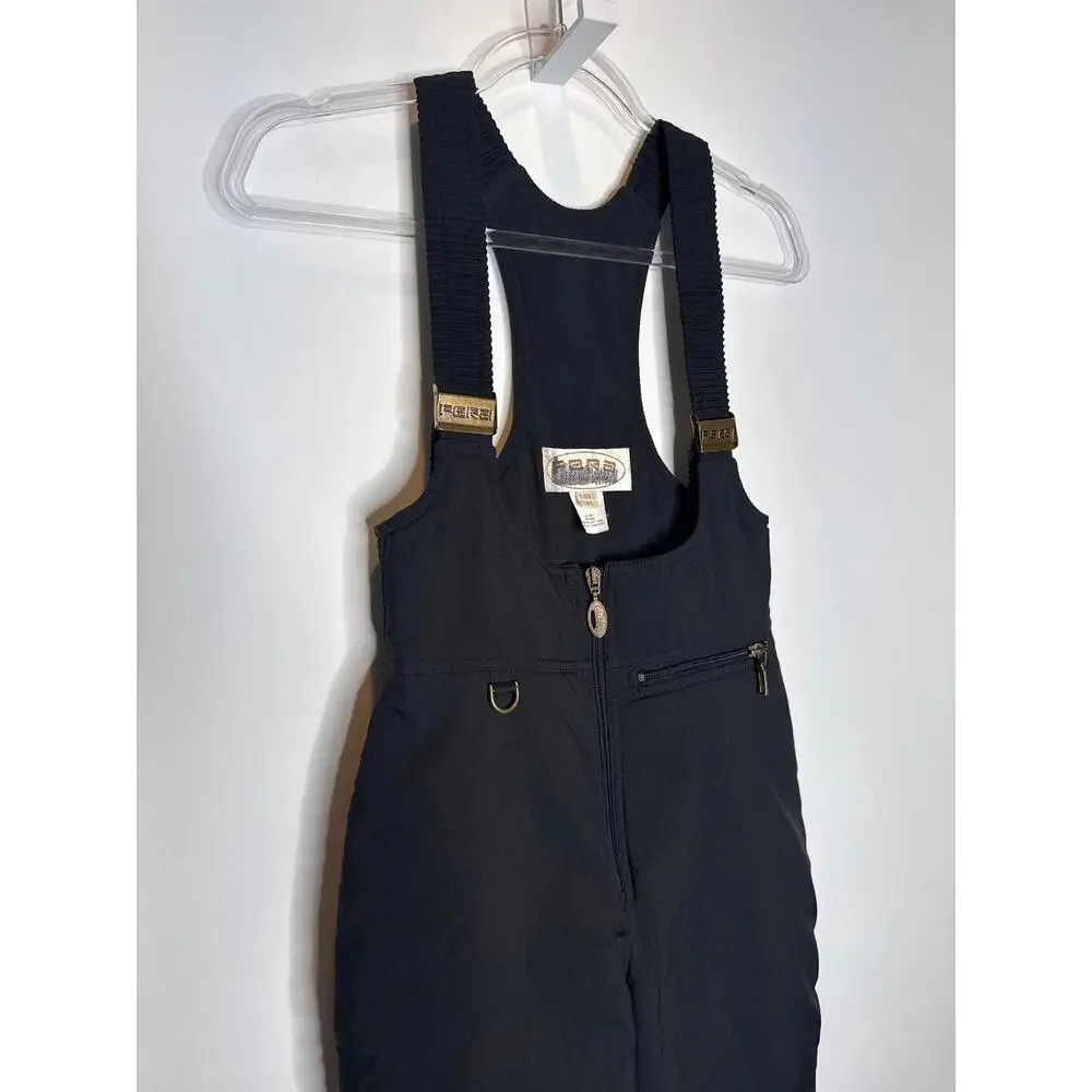 Vintage 1980s–90s Fera Black Quilted Ski Bib Overalls with stirrups 4 petite